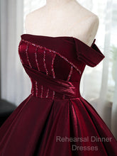 A-Line Off Shoulder Satin Burgundy Long Semi Formal Prom Dress, Burgundy Evening Dress With Beads
